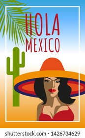 Beautiful woman with sombrero hat, retro style. Hola Mexico, holiday concept. Pop art. Summer holiday.