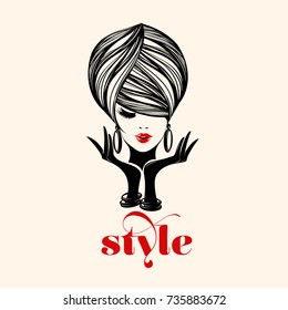 Beautiful woman with sophisticated hairstyle and makeup, wearing gloves, earrings and bracelets.Fashion, jewelry and style vector icon.