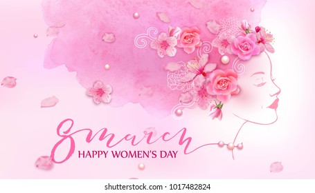 Beautiful woman with spring flowers, cherry blossom, roses.Watercolor pink background. Mother's day, 8 march, beauty, style, fashion design.