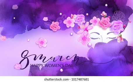 Beautiful Woman With Spring Flowers, Cherry Blossom, Roses. Watercolor Pink Background. Mother S Day, 8 March, Beauty, Style, Fashion Design. 