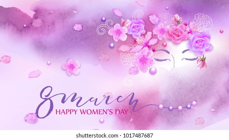 Beautiful woman with spring flowers, cherry blossom, roses. Watercolor pink background. Mother s day, 8 march, beauty, style, fashion design. 