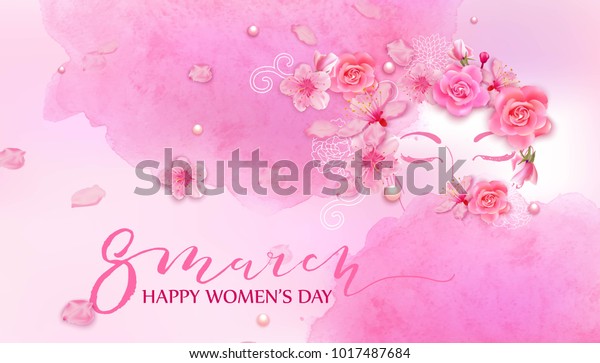美丽的女人与春天的花朵 樱花 玫瑰 水彩粉红色背景 母亲节 8 3 月 美丽 风格 时尚设计 库存矢量图 免版税