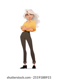 Linda mulher de braços cruzados. Garota muito sorridente. Ela usa uma camisa amarela vibrante. Traje casual. Personagem elegante dos desenhos animados. Ilustração de vetor plano