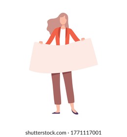 Beautiful Woman Standing with Blank Poster, Struggle for Freedom, Independence, Equality, Female Power and Rights Flat Style Vector Illustration