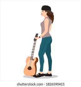 A beautiful woman standing with a guitar.Vector illustration isolated on white background.Female guitarist holding a musical instrument.
