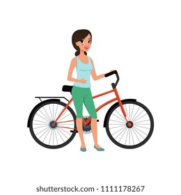 Beautiful woman standing next to her bicycle, active lifestyle concept vector Illustrations on a white background