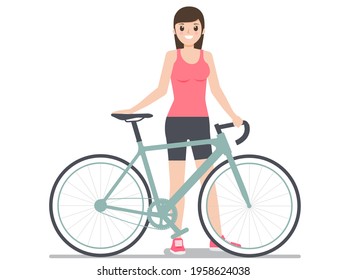 Beautiful woman standing next to her bicycle on white background