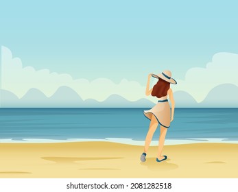 beautiful woman standing on beach summer background vector illustration summer concept background