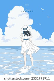 Beautiful woman standing on the sea looking at the summer sky. Girl anime Japanese manga cartoon character. Holiday, Travel, Vacation. Poster, Card. Hand drawn style vector design line illustration.