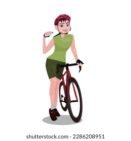 Beautiful woman standing with a road bike holding a water bottle.vector illustration isolated on white background.Cute design for t shirt print, icon, logo, label, patch or sticker.