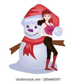 A beautiful woman standing smiling beside a big snowman.Vector illustration isolated on white background.