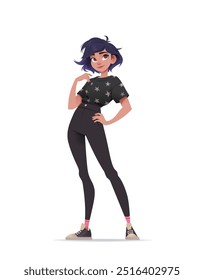 Beautiful woman standing. Smiling girl. Cartoon character. Casual outfit. She wear black t-shirt with star pattern, dark pants, and stylish sneakers with pink socks. Flat vector illustration