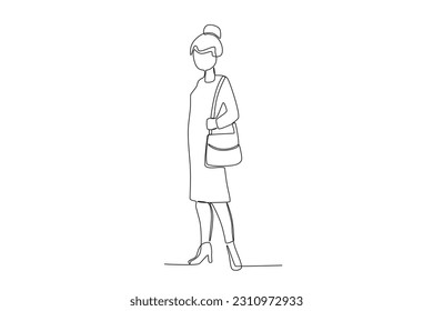 A beautiful woman standing at the train station. Train station activities one-line drawing