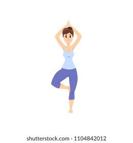 Beautiful woman standing in tree pose, girl practicing yoga vector Illustration on a white background