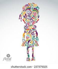 Beautiful woman standing, vector art illustration of a cute girl. Floral image of a female, for use in graphic design.