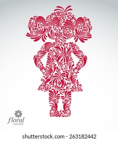 Beautiful woman standing, vector art illustration of a cute girl hands akimbo. Floral image of a female, for use in graphic design.