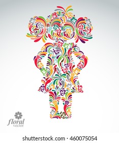 Beautiful woman standing, vector art illustration of a cute girl hands akimbo. Floral image of a female, for use in graphic design.
