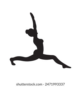 Beautiful woman standing in warrior pose asana for meditation training in black isolated on white background. Hand drawn vector silhouette illustration in doodle icon style. Virabhadrasana