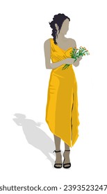 beautiful woman standing wearing a yellow dress with a bouquet of flowers in the hand