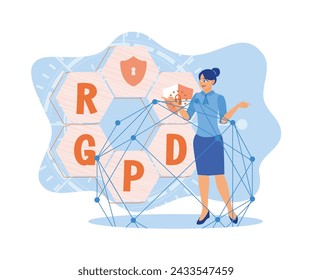 Beautiful woman standing and working with information. Spanish, French and Italian versions of RKPD and GDPR. The General Data Protection Regulation or GDPR Concept. flat vector modern illustration