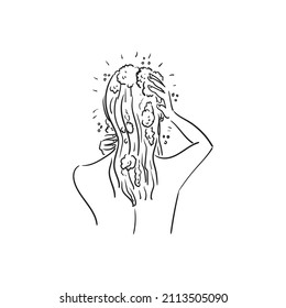 A beautiful woman stands and her back   washes her hair and shampoo  Linear illustration  Stock vector illustration isolated white background 