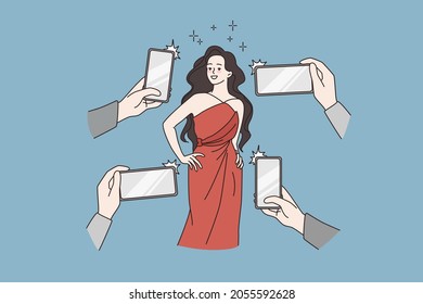 Beautiful woman star pose on red carpet for photographer reporters making pictures on smartphones. Smiling female celebrity on event photographed by journalists. Flat vector illustration.