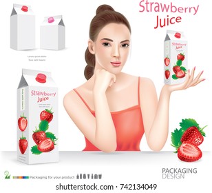 Beautiful woman with strawberry milk box.illustration vector