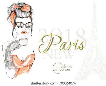 Beautiful woman at street cafe with morning cup of coffee in Paris city near Eiffel tower, new collection advertising promo banner, online shopping social media ads web template vector illustration