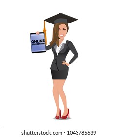 Beautiful woman student in casual business clothes with tablet with text Online Education