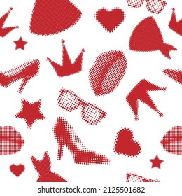 Beautiful woman stuff is red shoes and dress and glasses and heart and star in dotted halftone pop art style for background and fabric and wallpaper and texture and pattern and print