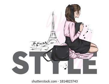 Beautiful woman in stylish clothes sits on a paris background. Vector illustration. Fashion and style, clothing and accessories.