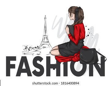 Beautiful woman in stylish clothes sits on a paris background. Vector illustration. Fashion and style, clothing and accessories.