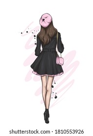 Beautiful woman in a stylish coat, beret and boots. Autumn clothing and accessories. Fashion and Style. Vector illustration. Girl.