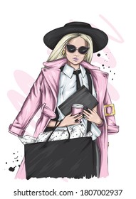 Mujer hermosa con un abrigo elegante, sombrero y gafas. Chica elegante. Moda y estilo. Ilustración vectorial.