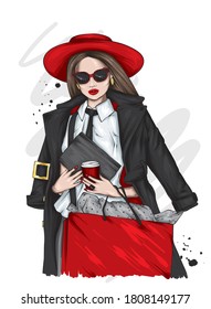 Mujer hermosa con un abrigo elegante, sombrero y gafas. Chica elegante. Moda y estilo. Ilustración vectorial.