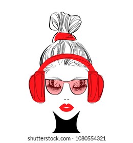 Beautiful Woman in Stylish Red Headphones,  Fashion Red Glasses. Vector illustration.