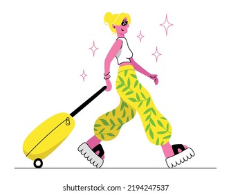 Beautiful woman with a suitcase goes on a journey. A person goes on vacation. Vector illustration isolated on a white background.