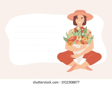 Beautiful woman in summer hat sitting in yoga pose and holding bouquet with flowers. Banner, card, flyer with copy space and lines. Vector illustration template for gardening, women's greetings.