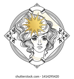 Beautiful woman with the Sun in her hair. Vector hand drawn illustration