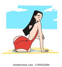 Beautiful woman sunbathing on the beach. Minimalist illustration, vector plasta.