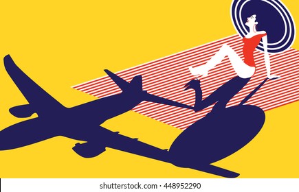 Beautiful Woman Sunbathing On The Beach With Airplane Shadow. Happy Woman Laughing And Looking Up. Travel Concept. Retro Style, Pop Art. Vector Eps10 Illustration 