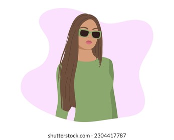 Beautiful woman with sunglasses. Cute girl in long hair, sunglasses and green dress isolated. Fashion portrait of a model girl. Flat vector illustration