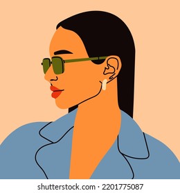 Beautiful Woman In Sunglasses. Side View. Trendy Clothes. Closeup Portrait Of Cute Young Lady. Hand Drawn Modern Vector Illustration. Fashion, Style Concept. Logo, Poster, Avatar, Print Template