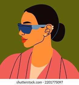 Beautiful Woman In Sunglasses. Side View. Trendy Clothes. Closeup Portrait Of Cute Young Lady. Hand Drawn Modern Vector Illustration. Fashion, Style Concept. Logo, Poster, Avatar, Print Template