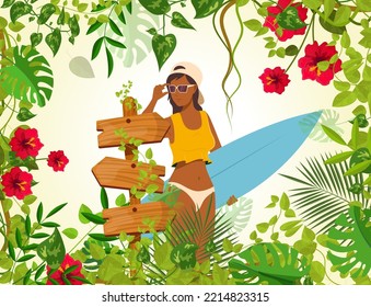 Beautiful woman with surfboard standing on tropical background. Young woman in swimsuit, cap and sunglasses relaxing on tropical island resort. Tourism, summer vacation vector