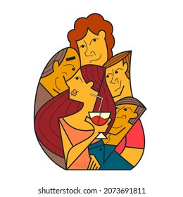 Beautiful woman surrounded by old and young admirers. Popularity among men.Vector illustration in flat cartoon style