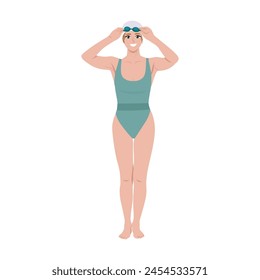 Bella mujer nadadora en traje de baño, gorra y gafas. Ilustración vectorial plana aislada sobre fondo blanco