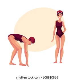 Beautiful woman, swimmer in swimming suit, cap, in standing and starting positions, cartoon vector illustration with place for text. Woman, girl swimmer in swimming suit