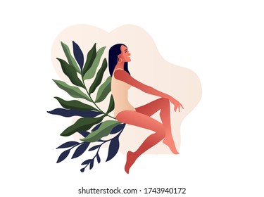 Beautiful woman in swimming suit. Body positive, illustration for lingerie design, swimsuit shop, cosmetology, clinic. Urinary incontinence. Bladder problems. Menopause, women's health. 