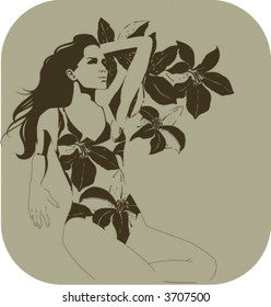 beautiful woman in a swimming suit with flowers
